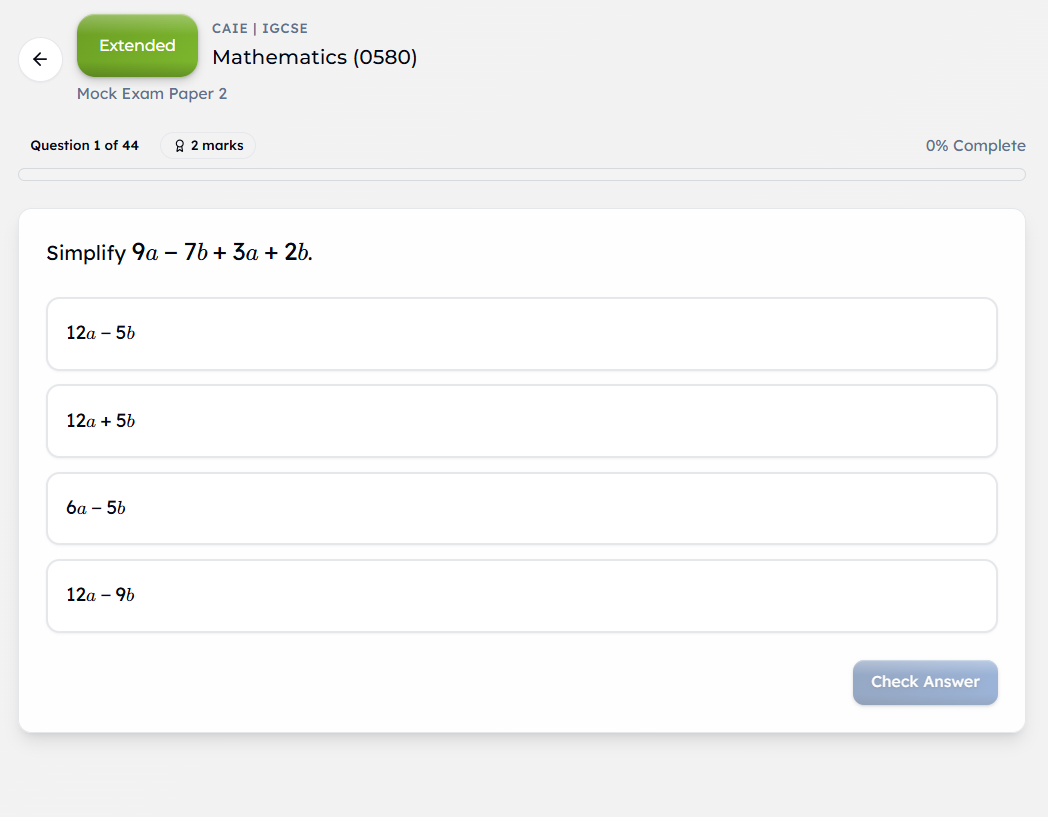 The Practice Book exam paper interface with question, options, and marking.