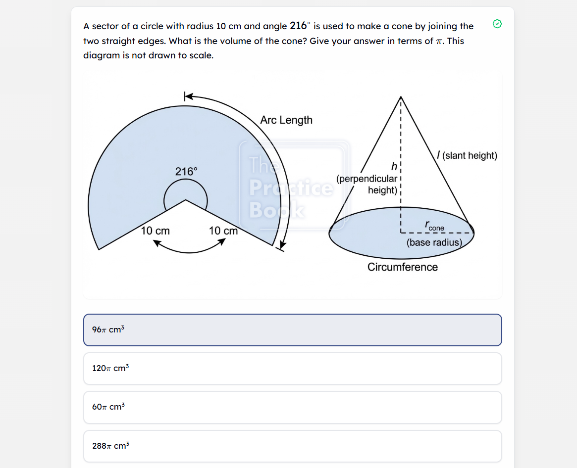 The Practice Book exercise screen with question, options, and explanation.