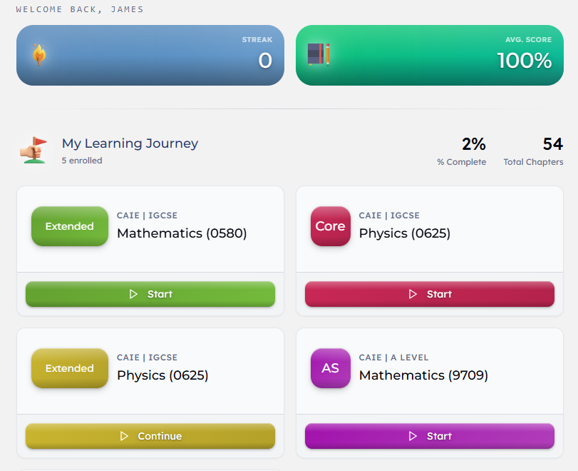 The Practice Book web app: learner home with streak, score, and subject cards for IGCSE Maths, IGCSE Physics, and A Level Maths.